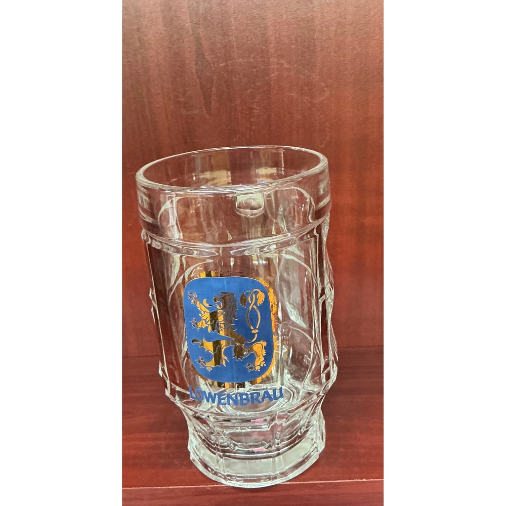 Lowenbrau Beer Mug Glass Dimpled Sahm German Lion Crest Logo 6 Inch Stein Clear